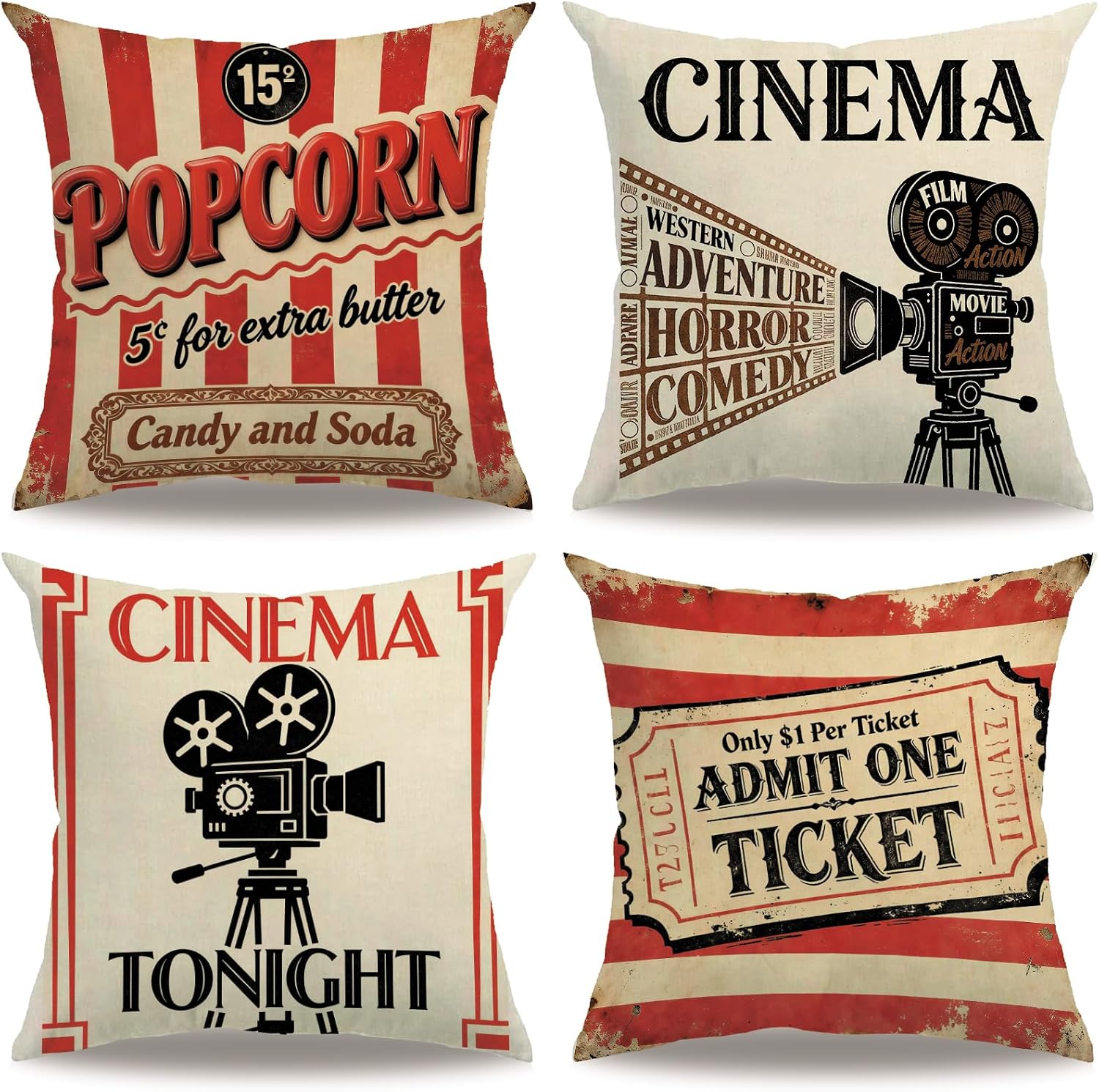 4PCS Vintage Cinema Pillow Cas - Home Cinema Tickets recension och pris